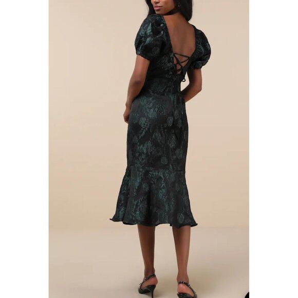 Lulus Majorly Fabulous Black and Emerald Trumpet Midi Dress Sz Medium Black & Gr - Picture 2 of 16